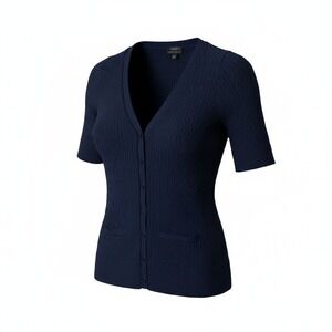 Talbots Women Cardigan Size L Navy Blue Pima Cotton Cable Knit Preppy Office